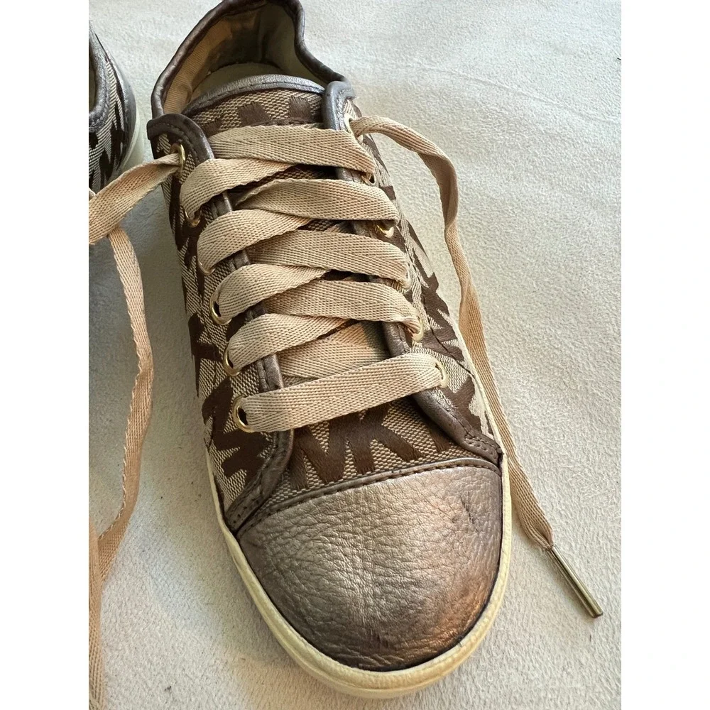 Michael Kors MK Logo Canvas Leather Trim Low Top Sneakers Women's Size 7M Bronze